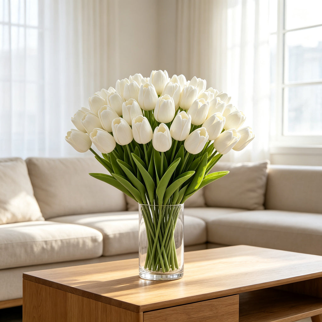 PU Artificial Tulips, Faux Tulip Flowers Bouquet with Bendable Stems, Realistic Fake Tulips for Home Wedding Party Decor, Vase Not Included