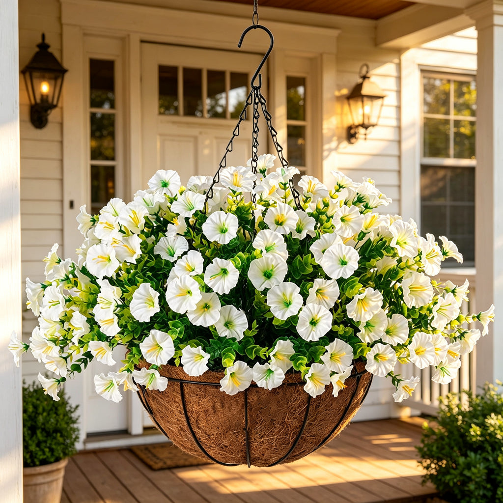 Artificial Hanging Petunia Flowers Basket, Fake Silk Flower for Patio Porch Garden Home Decor