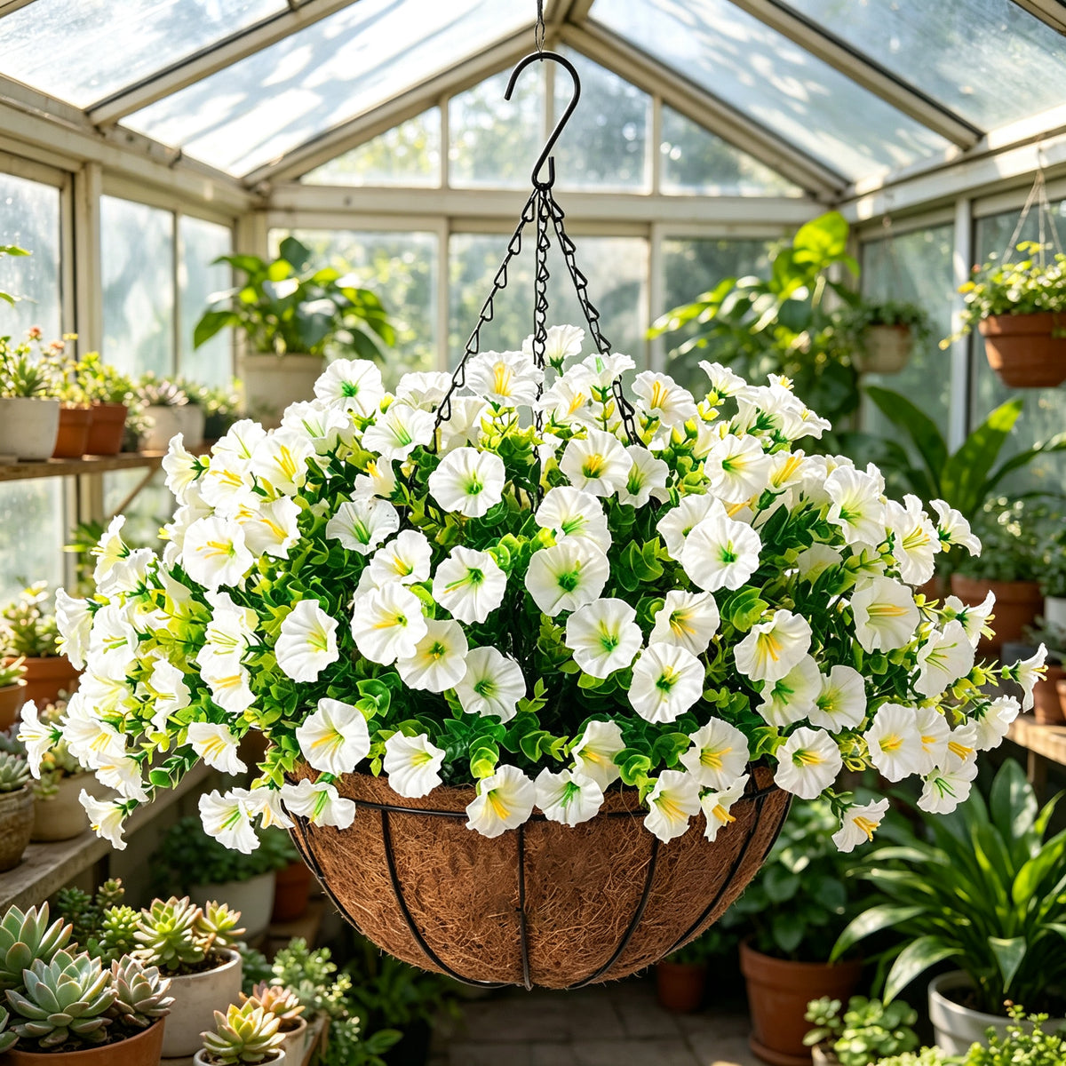 Artificial Hanging Petunia Flowers Basket, Fake Silk Flower for Patio Porch Garden Home Decor