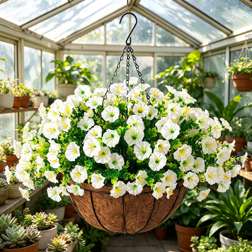 Artificial Hanging Petunia Flowers Basket, Fake Silk Flower for Patio Porch Garden Home Decor
