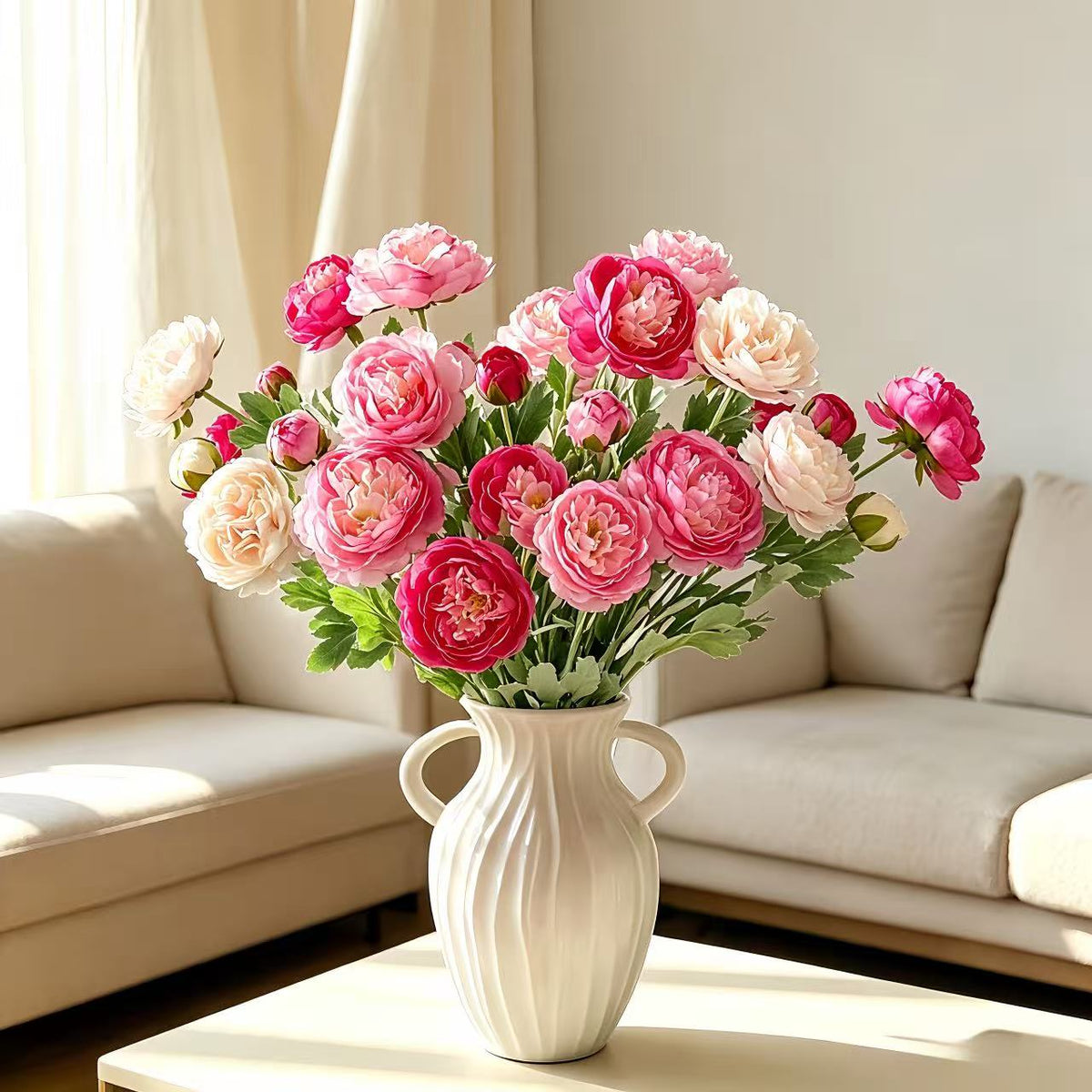 Artificial Peony & Ranunculus Bouquet, White Green / Pink Purple / Rose Red / Light Pink, 10 Stems Silk Faux Flowers for Wedding Centerpieces, Farmhouse Home Table Vase Decor, Vase Not Included
