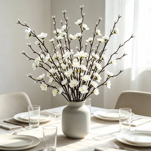 Artificial Plum Blossom Flowers 21.3" Long Stem Fake Wintersweet Silk Faux Flowers for Home Wedding Party Garden Decor, White/Red/Yellow (Vase Not Included)