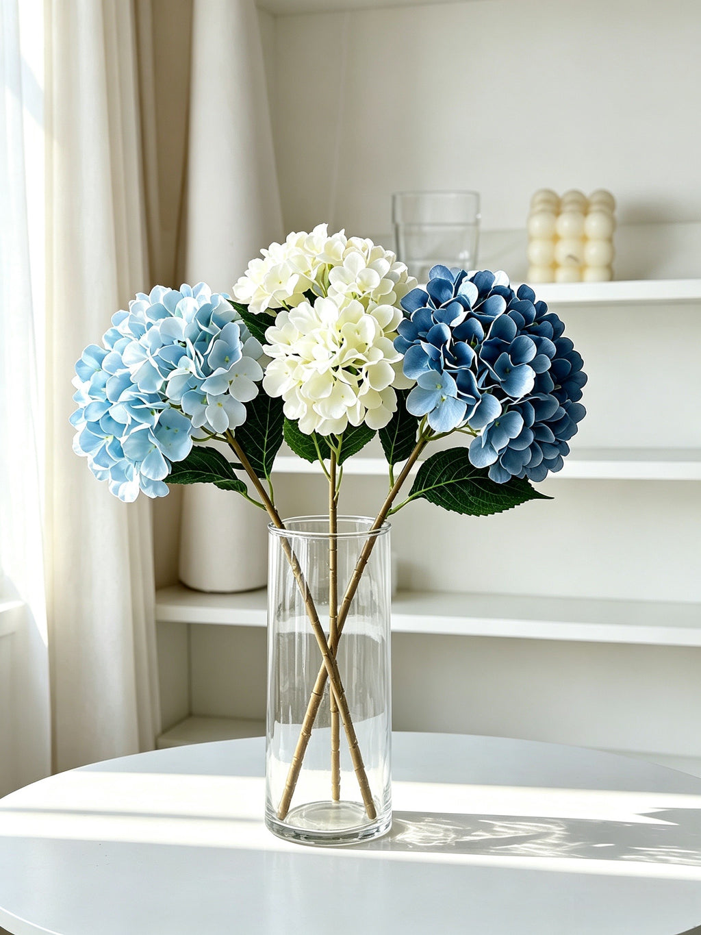 Artificial Hydrangea Single Stem with Leaves, Silk Fake Flowers, Vase Arrangement for Home Decor, Wedding & Party Floral Decoration Product Introduction