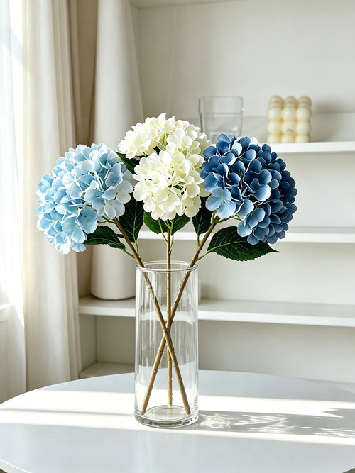 Artificial Hydrangea Single Stem with Leaves, Silk Fake Flowers, Vase Arrangement for Home Decor, Wedding & Party Floral Decoration Product Introduction