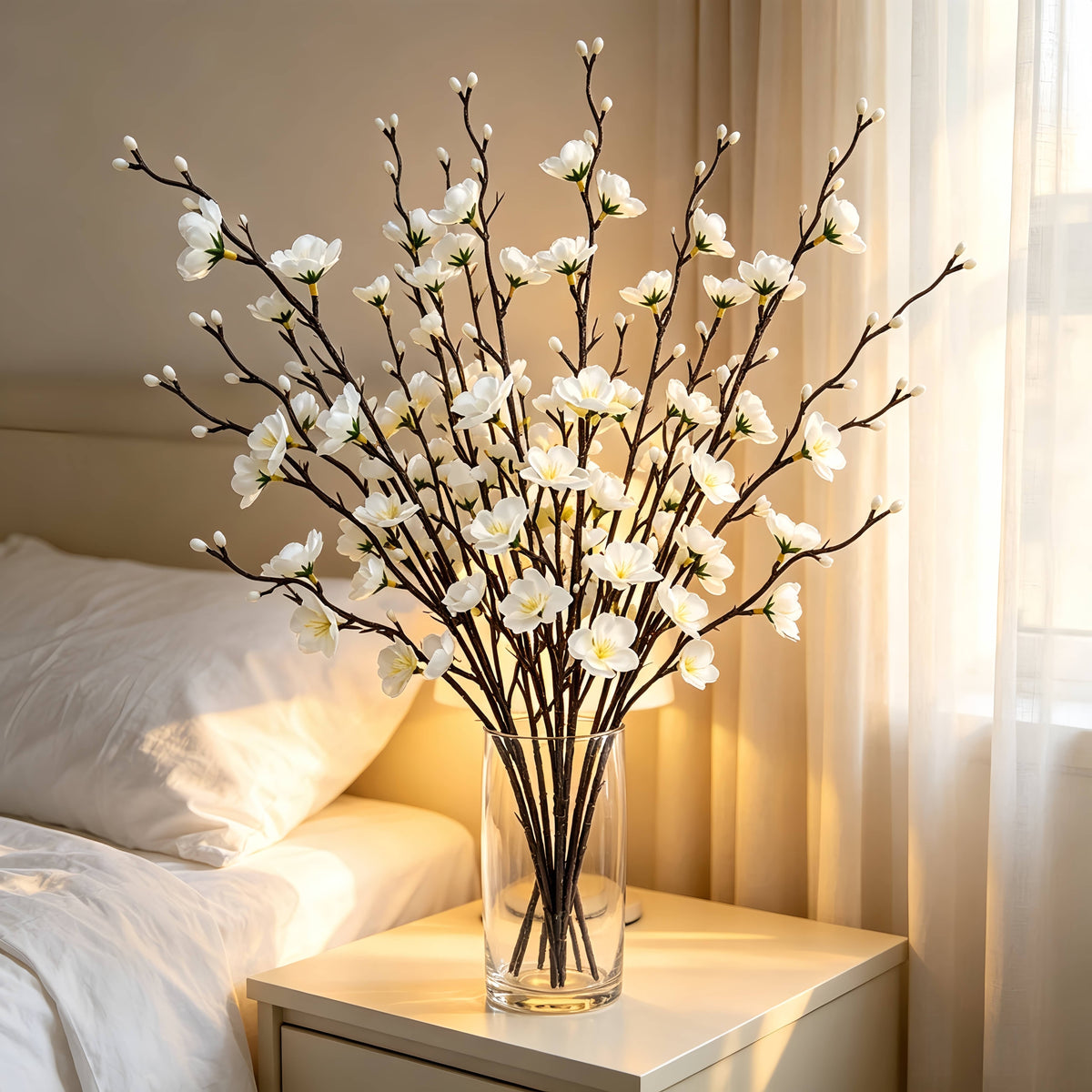 Artificial Plum Blossom Flowers 21.3" Long Stem Fake Wintersweet Silk Faux Flowers for Home Wedding Party Garden Decor, White/Red/Yellow (Vase Not Included)