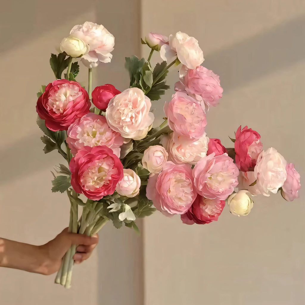 Artificial Peony & Ranunculus Bouquet, White Green / Pink Purple / Rose Red / Light Pink, 10 Stems Silk Faux Flowers for Wedding Centerpieces, Farmhouse Home Table Vase Decor, Vase Not Included