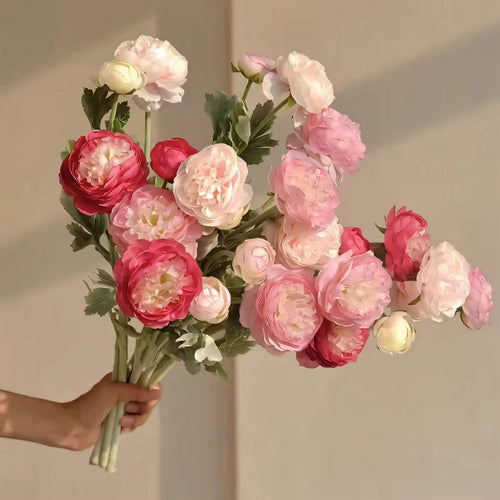 Artificial Peony & Ranunculus Bouquet, White Green / Pink Purple / Rose Red / Light Pink, 10 Stems Silk Faux Flowers for Wedding Centerpieces, Farmhouse Home Table Vase Decor, Vase Not Included