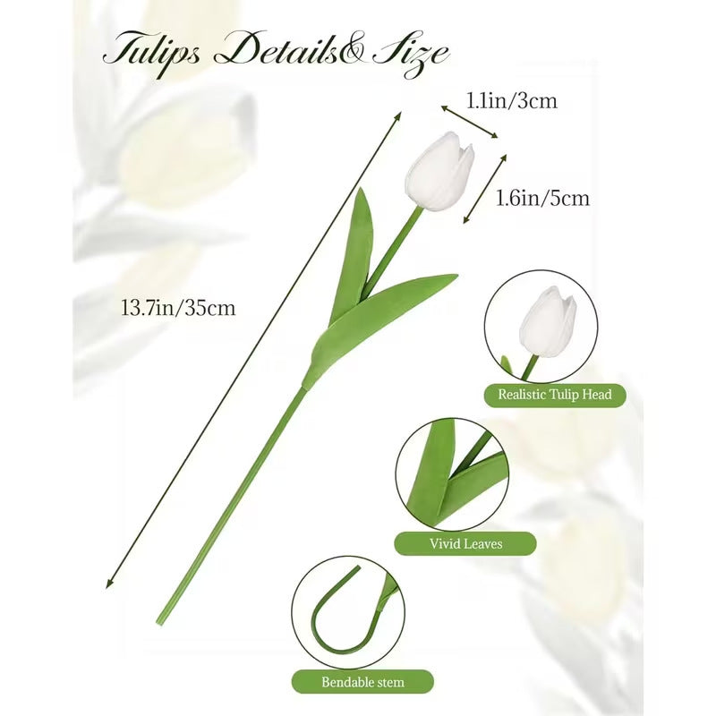 PU Artificial Tulips, Faux Tulip Flowers Bouquet with Bendable Stems, Realistic Fake Tulips for Home Wedding Party Decor, Vase Not Included