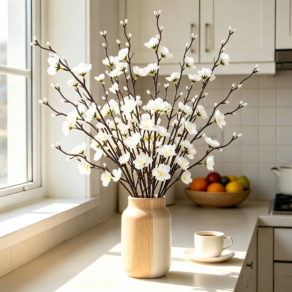 Artificial Plum Blossom Flowers 21.3" Long Stem Fake Wintersweet Silk Faux Flowers for Home Wedding Party Garden Decor, White/Red/Yellow (Vase Not Included)