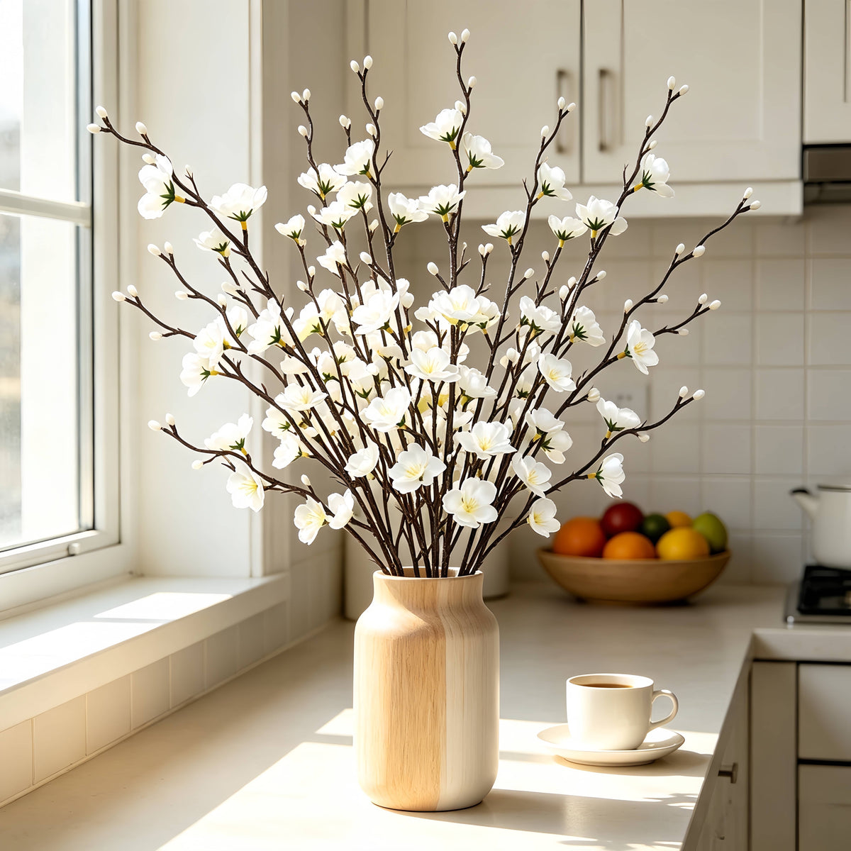 Artificial Plum Blossom Flowers 21.3" Long Stem Fake Wintersweet Silk Faux Flowers for Home Wedding Party Garden Decor, White/Red/Yellow (Vase Not Included)