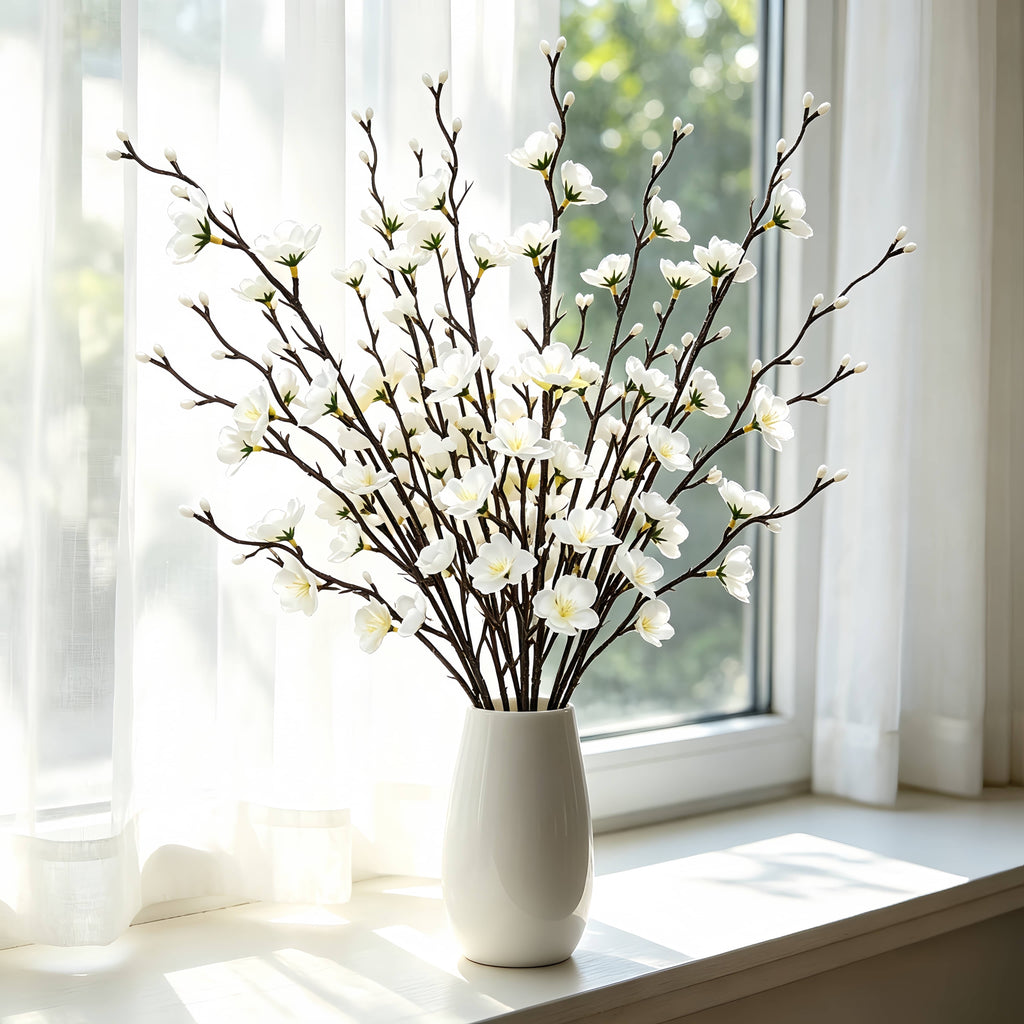 Artificial Plum Blossom Flowers 21.3" Long Stem Fake Wintersweet Silk Faux Flowers for Home Wedding Party Garden Decor, White/Red/Yellow (Vase Not Included)