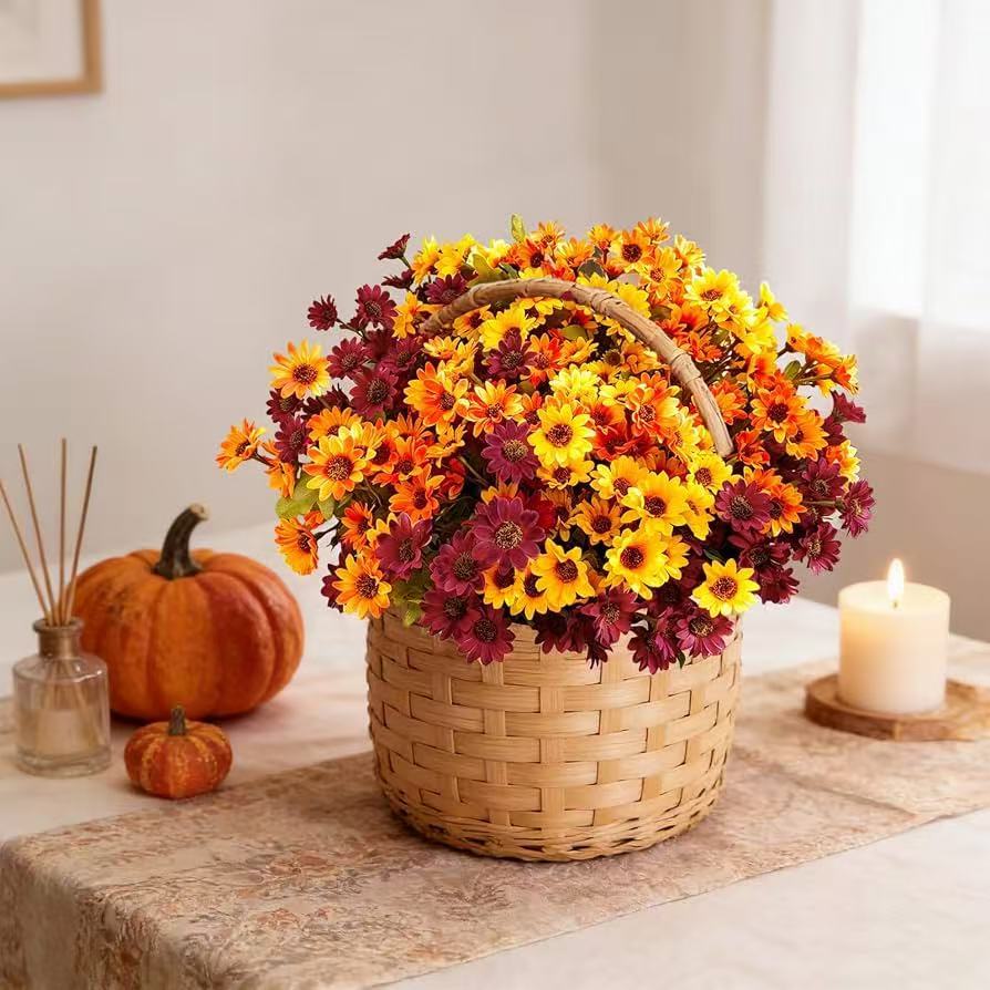 Artificial Fall Chrysanthemum Bouquet, 11.8 Inch Faux Autumn Daisy Silk Flower Bush for Thanksgiving Halloween Home Porch Decor