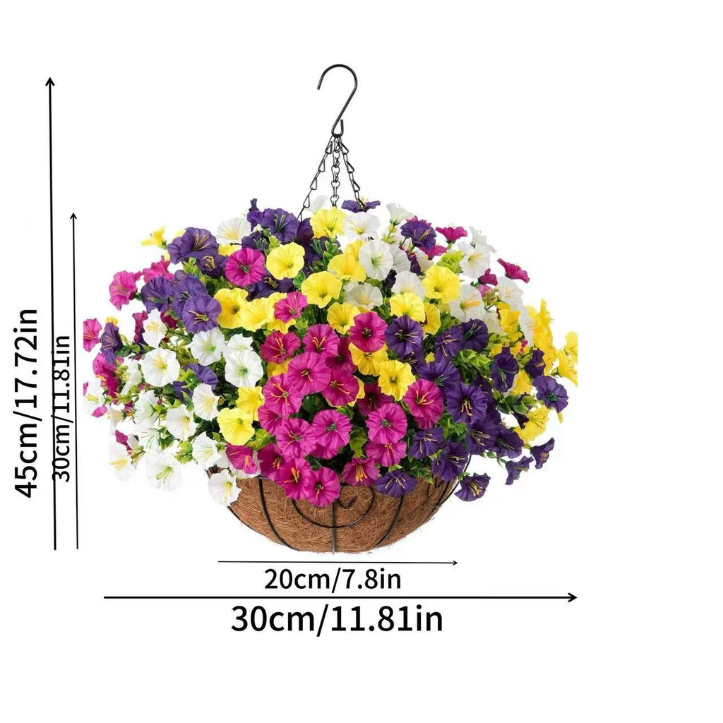 Artificial Hanging Petunia Flowers Basket, Fake Silk Flower for Patio Porch Garden Home Decor
