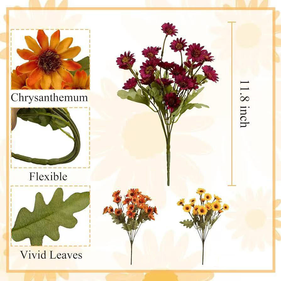Artificial Fall Chrysanthemum Bouquet, 11.8 Inch Faux Autumn Daisy Silk Flower Bush for Thanksgiving Halloween Home Porch Decor