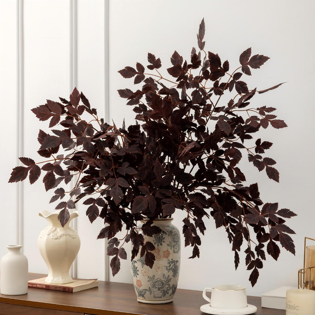 Faux Cimicifuga Spray Stem, Dark Burgundy Artificial Leaf Branch for Wedding, Table Centerpiece & Aesthetic Home Decor