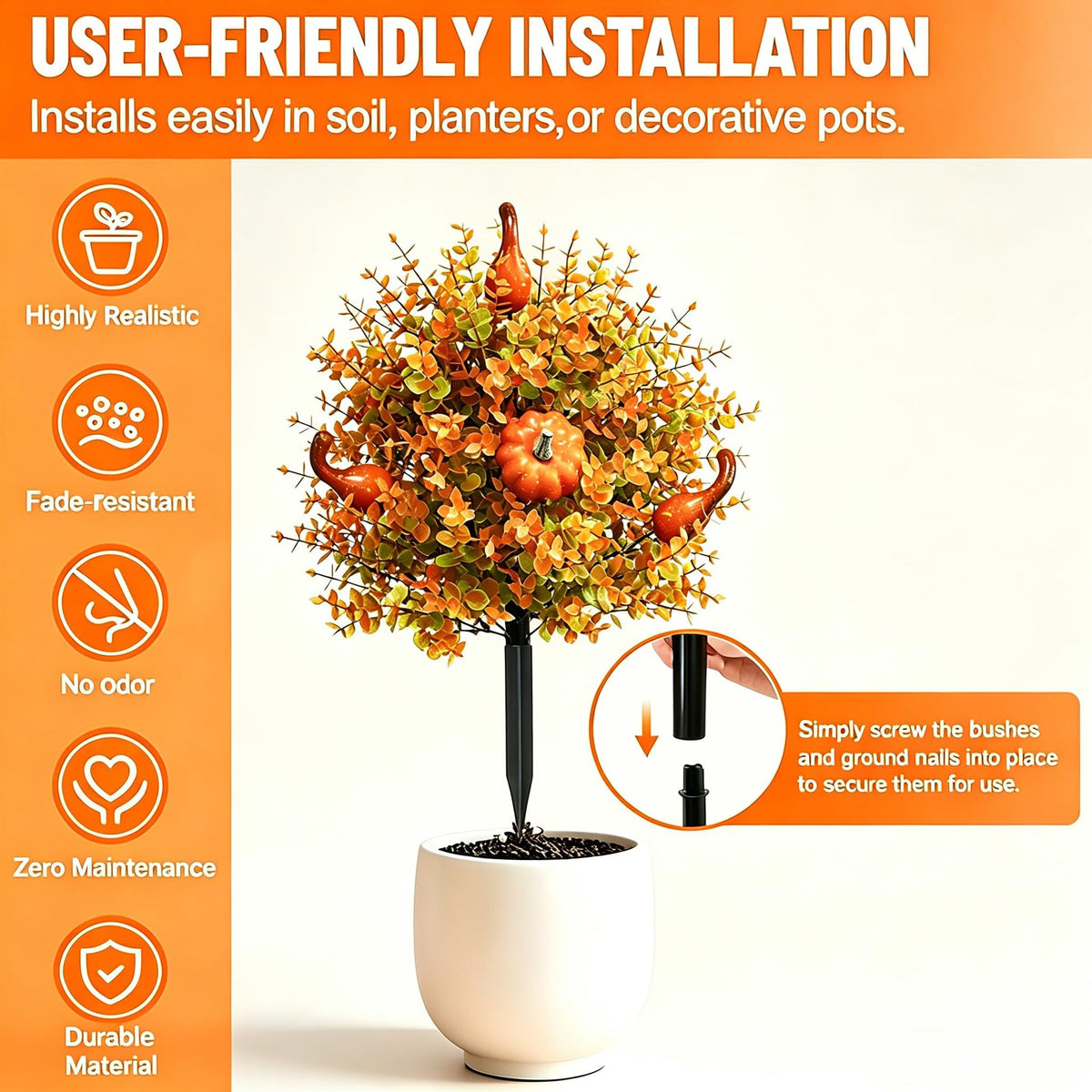 Artificial Fall Pumpkin Eucalyptus Plant Stake, 22 Inch Faux Autumn Floral Pick for Halloween Thanksgiving Garden Porch Decor