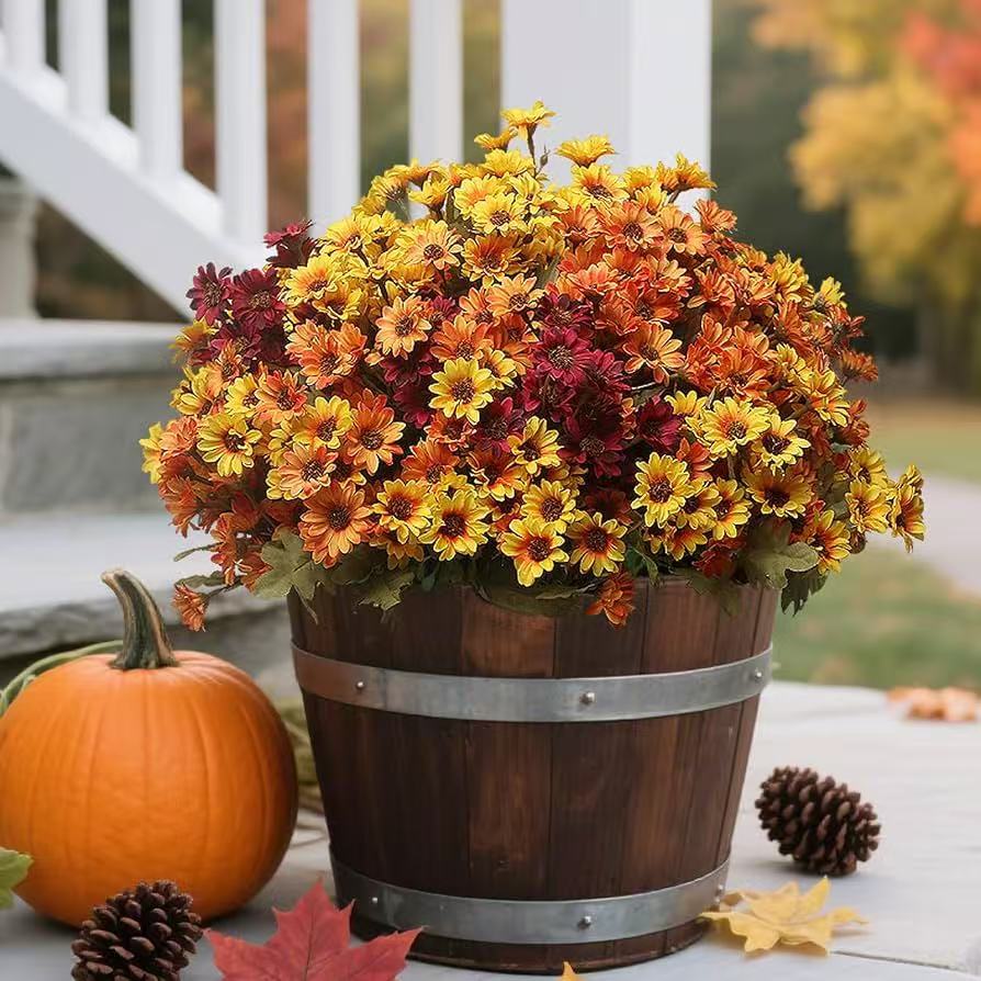Artificial Fall Chrysanthemum Bouquet, 11.8 Inch Faux Autumn Daisy Silk Flower Bush for Thanksgiving Halloween Home Porch Decor