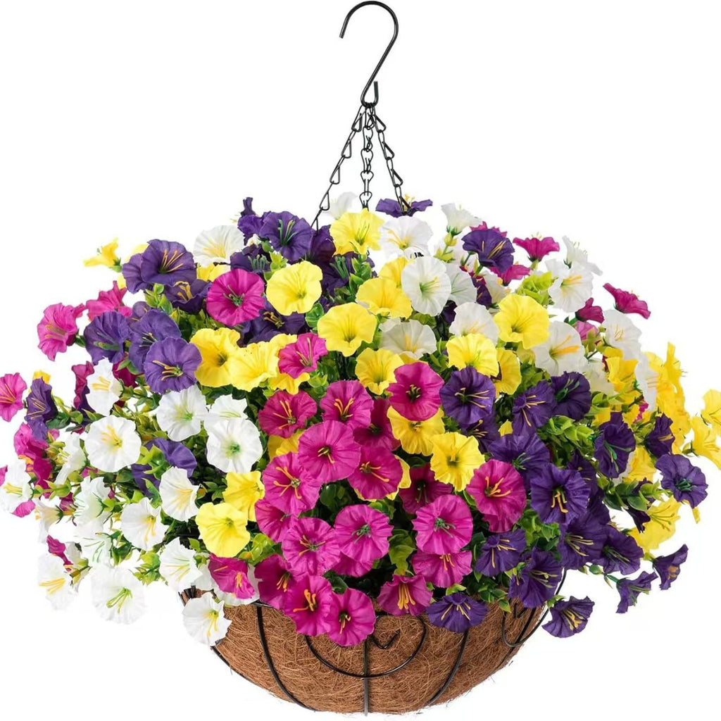 Artificial Hanging Petunia Flowers Basket, Fake Silk Flower for Patio Porch Garden Home Decor