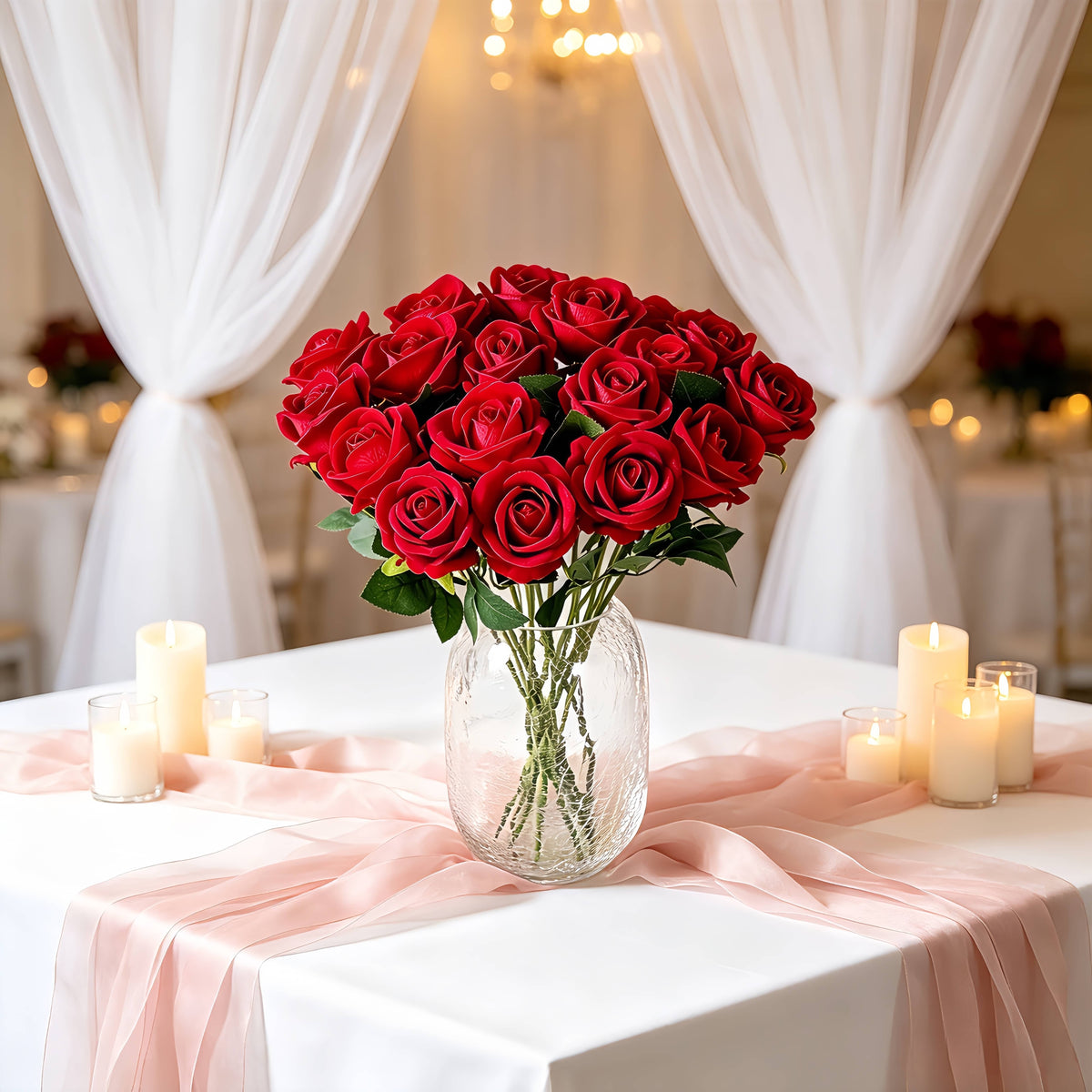 Artificial Velvet Rose Stem, 51cm Realistic Faux Rose with Bendable Wire Stem for Wedding Bouquet & Home Vase Decor