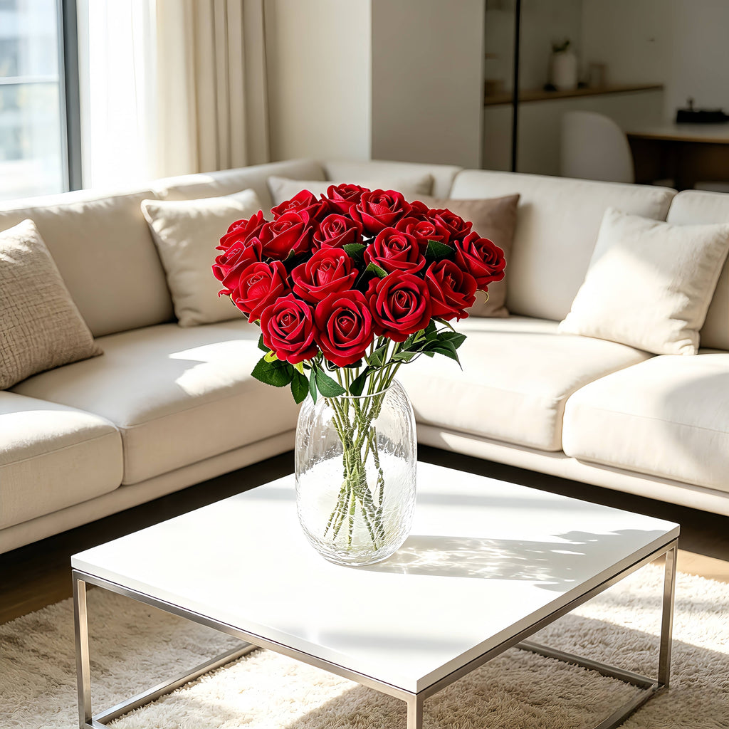 Artificial Velvet Rose Stem, 51cm Realistic Faux Rose with Bendable Wire Stem for Wedding Bouquet & Home Vase Decor