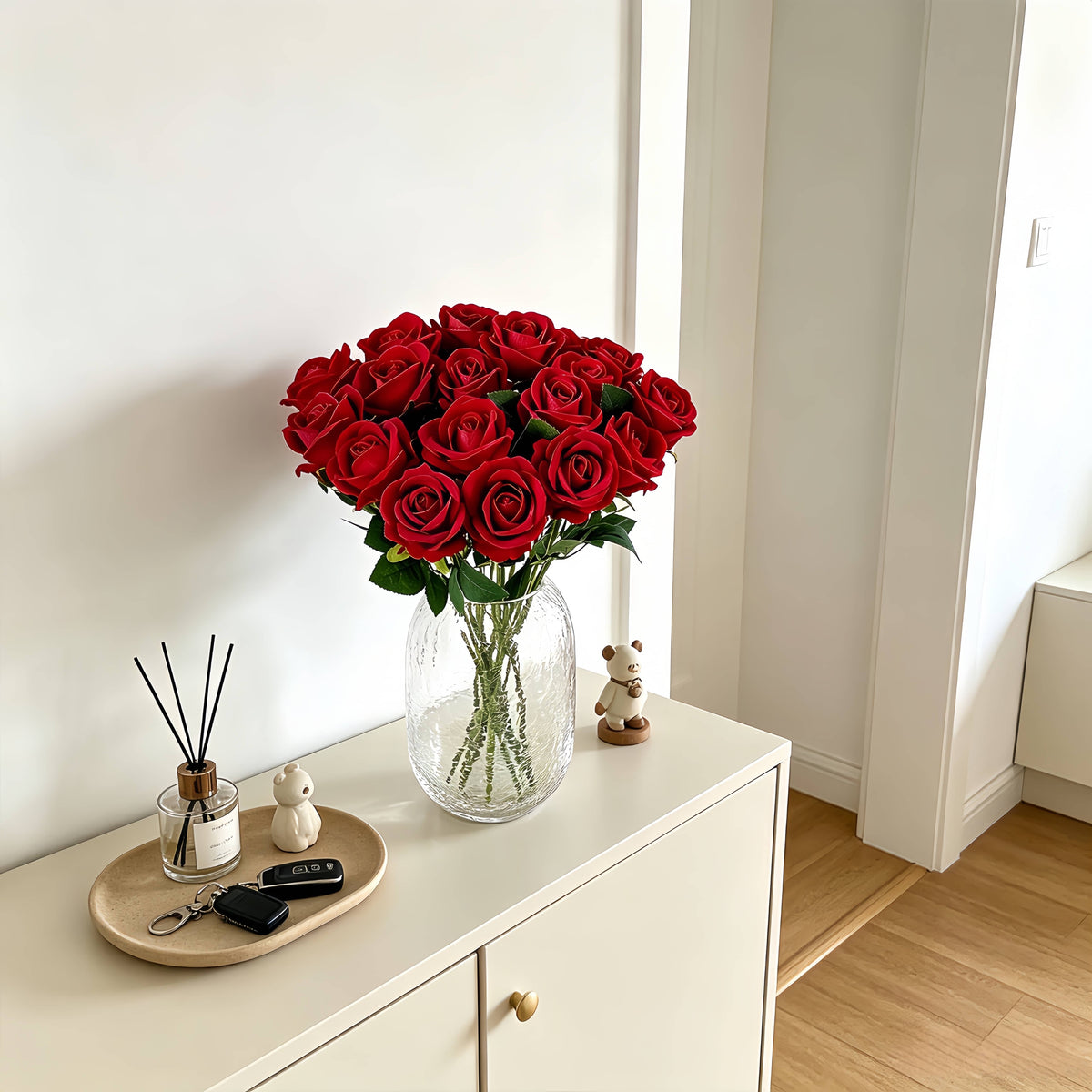 Artificial Velvet Rose Stem, 51cm Realistic Faux Rose with Bendable Wire Stem for Wedding Bouquet & Home Vase Decor