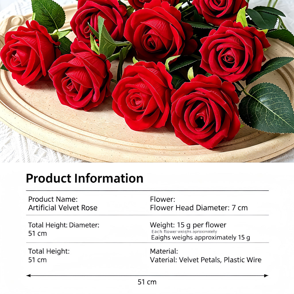 Artificial Velvet Rose Stem, 51cm Realistic Faux Rose with Bendable Wire Stem for Wedding Bouquet & Home Vase Decor