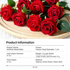Artificial Velvet Rose Stem, 51cm Realistic Faux Rose with Bendable Wire Stem for Wedding Bouquet & Home Vase Decor