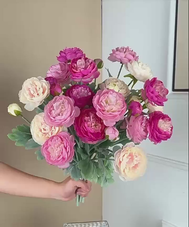 Artificial Peony & Ranunculus Bouquet, White Green / Pink Purple / Rose Red / Light Pink, 10 Stems Silk Faux Flowers for Wedding Centerpieces, Farmhouse Home Table Vase Decor, Vase Not Included