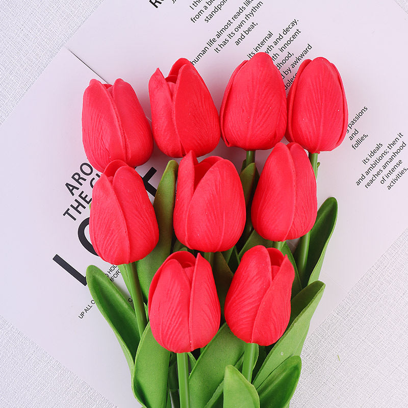 PU Artificial Tulips, Faux Tulip Flowers Bouquet with Bendable Stems, Realistic Fake Tulips for Home Wedding Party Decor, Vase Not Included